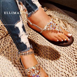 NEW🔥Jeweled Rhinestone Crystal Thong Open Toe T-Strap Flat Slide Sandal Slip-On